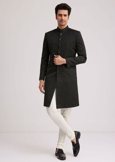 Black Textured Sherwani With Classic Button Detailing