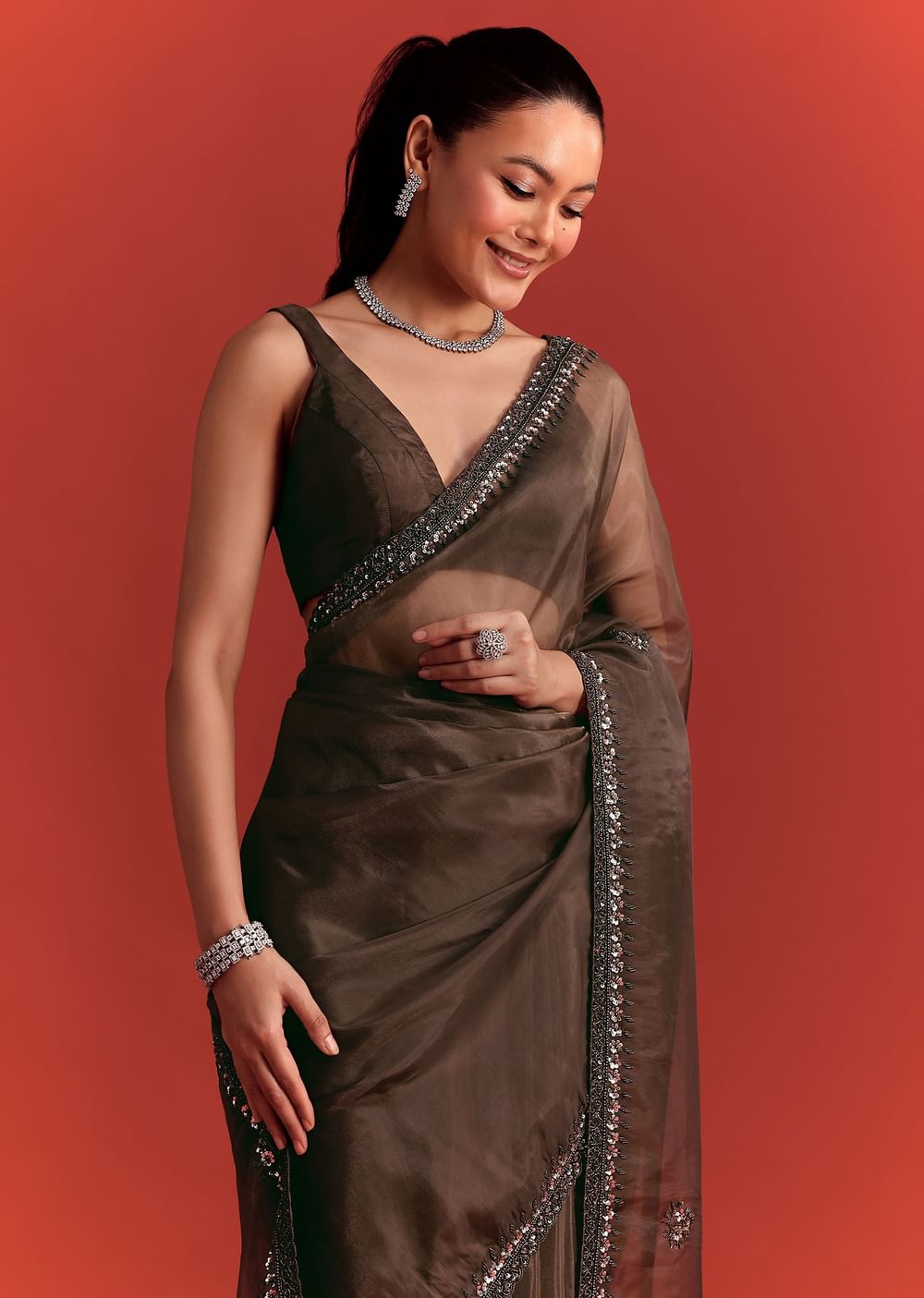 Brown Tissue Saree With Cutdana And Sequin Work