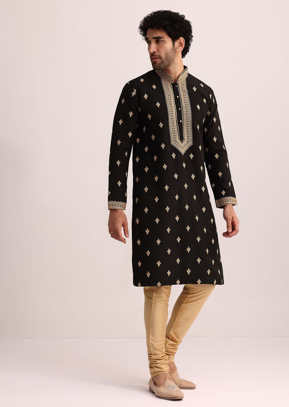 Black Tussar Silk Kurta Set With Thread Work