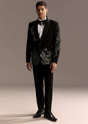 Black Tuxedo For Men With Cut Dana And Beads Embroidery