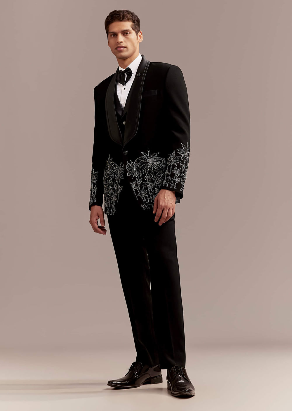 Black Tuxedo For Men With Silver Palm And Tiger Embroidery