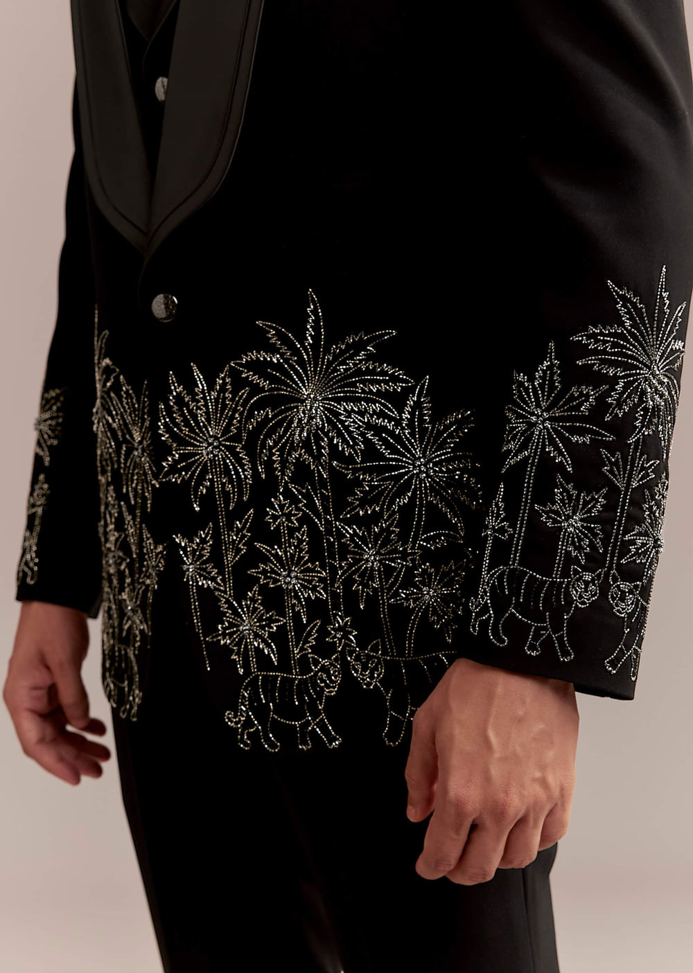 Black Tuxedo For Men With Silver Palm And Tiger Embroidery