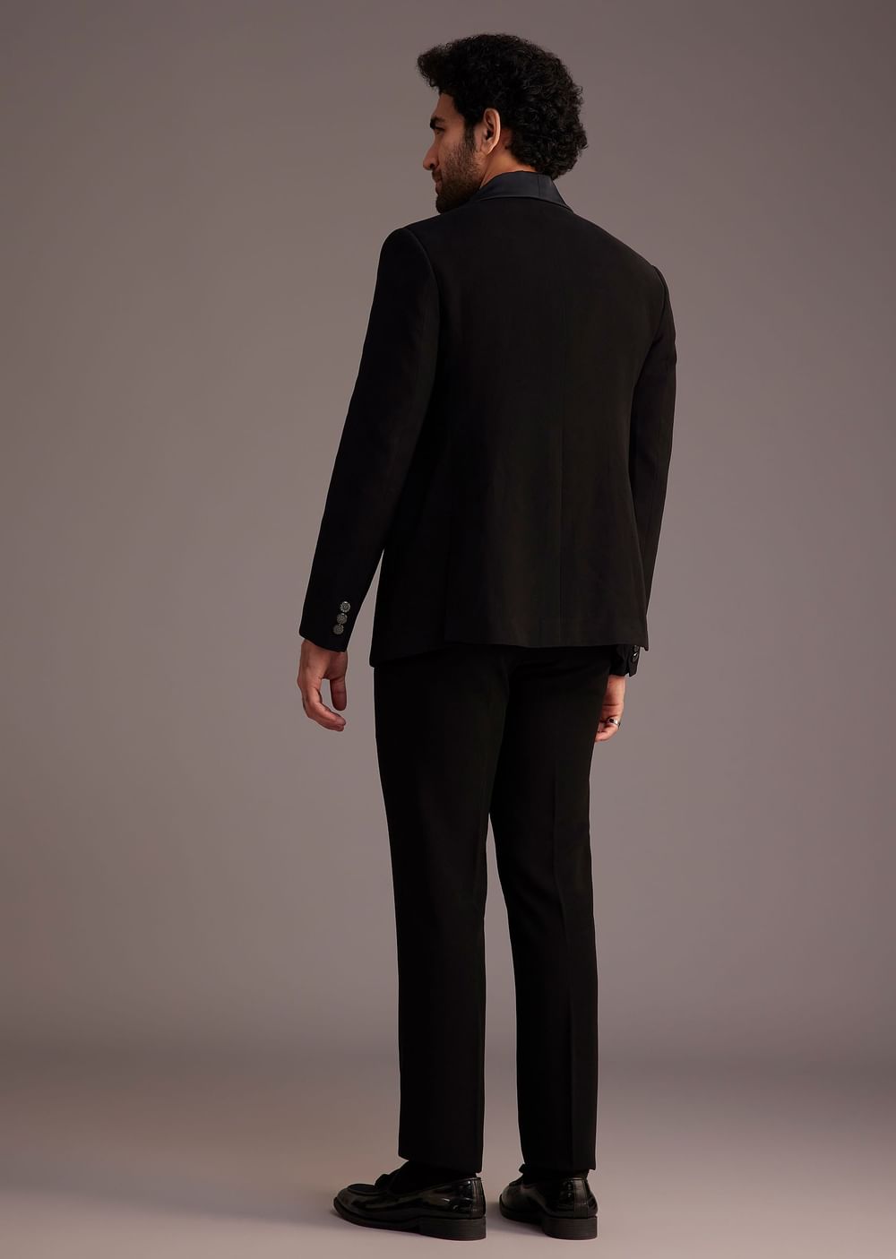 Black Tuxedo With Beaded Embellishments And Satin Lapel