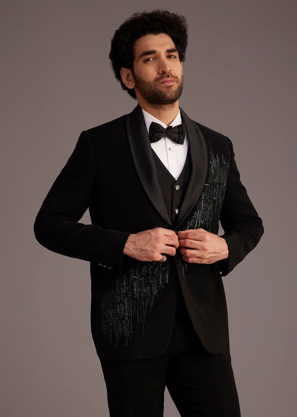Black Tuxedo With Beaded Embellishments And Satin Lapel