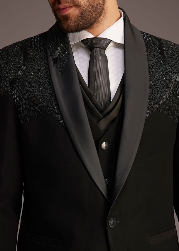 Black Tuxedo With Beaded Shoulder Detailing And Satin Lapel
