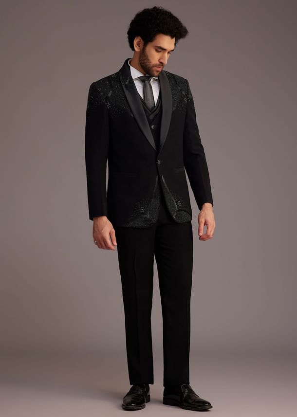 Black Tuxedo With Beaded Shoulder Detailing And Satin Lapel