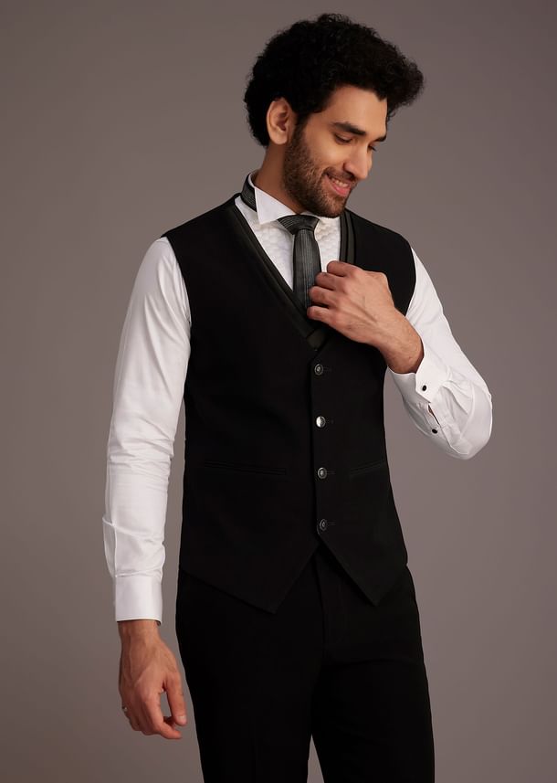 Black Tuxedo With Beaded Shoulder Detailing And Satin Lapel