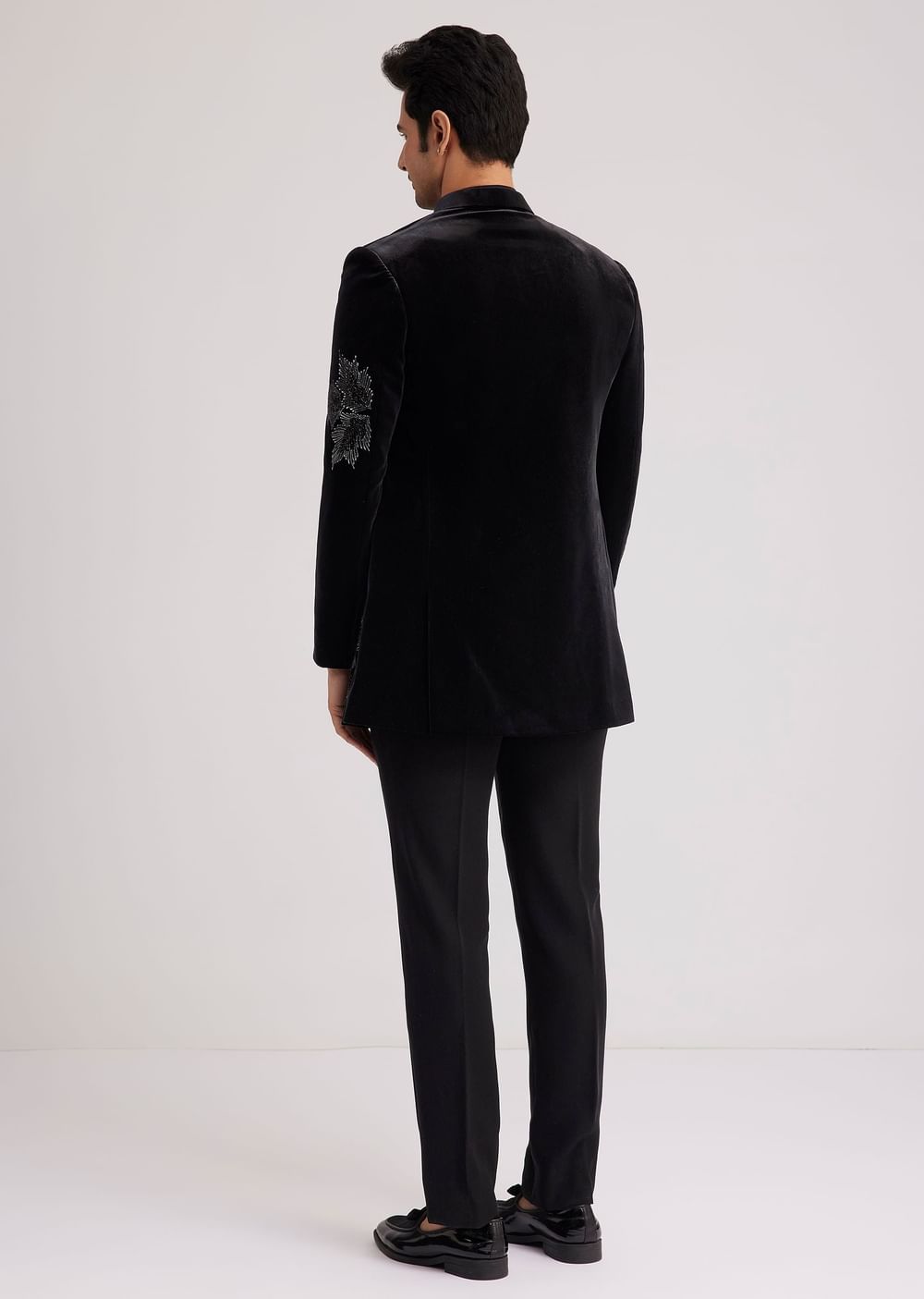 Black Velvet Indo Western Set With Abstract Motif And Cut Dana Work