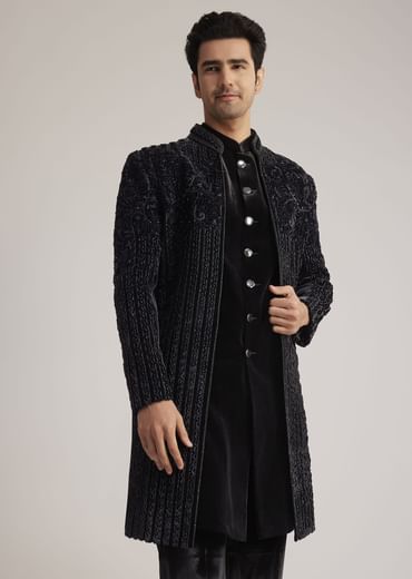 Black Velvet Indowestern Set With Cut Dana Embellishment