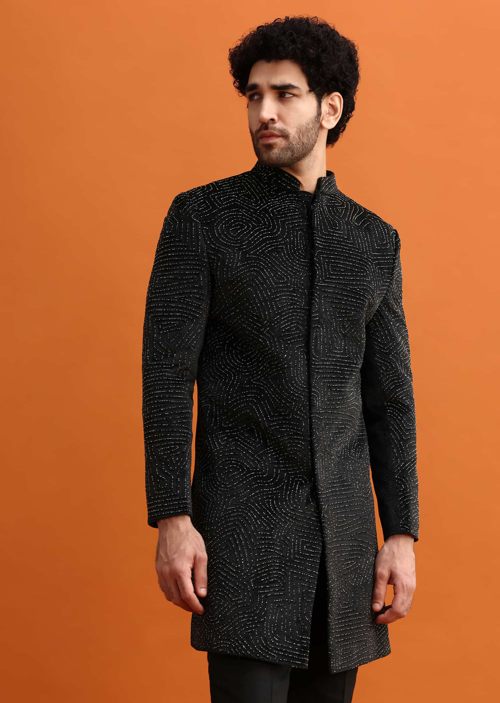 Black Velvet Indowestern Set With Hand Work For Men