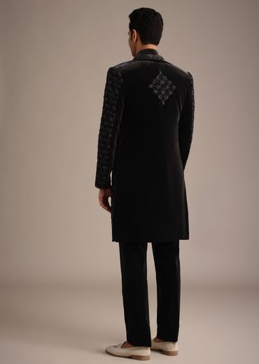 Black Velvet Indowestern Set With Sequin Work