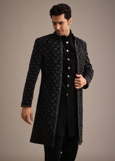 Black Velvet Indowestern Set With Sequin Work