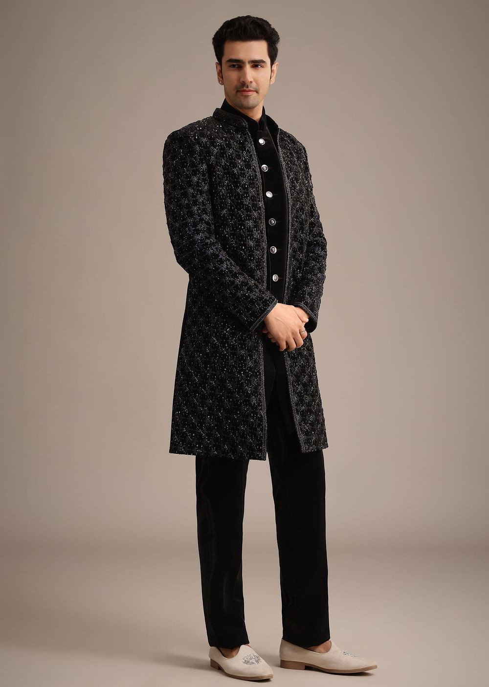 Black Velvet Indowestern Set With Sequin Work