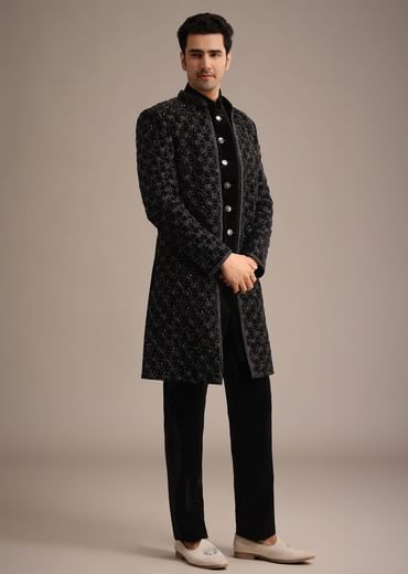 Black Velvet Indowestern Set With Sequin Work