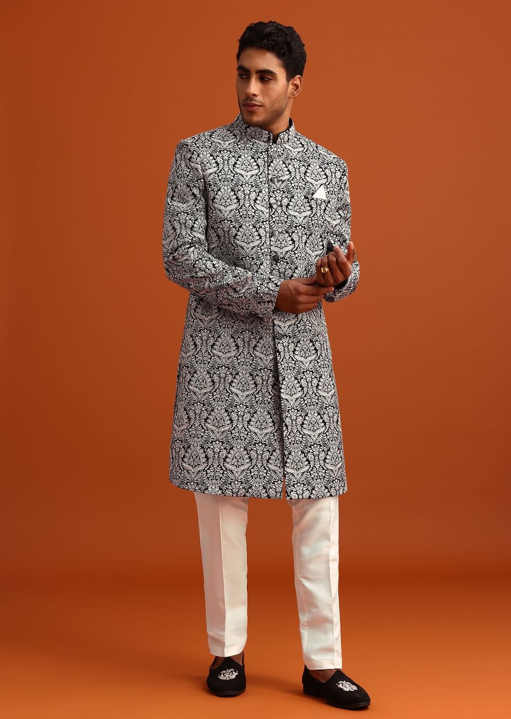 Black Velvet Sherwani And Kurta Set With Kashmiri Work