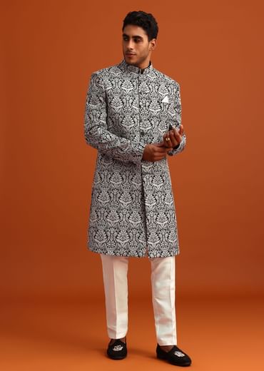 Black Velvet Sherwani And Kurta Set With Kashmiri Work