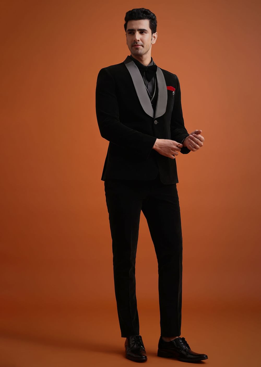Black Velvet Tuxedo Set With Waistcoat And Bow