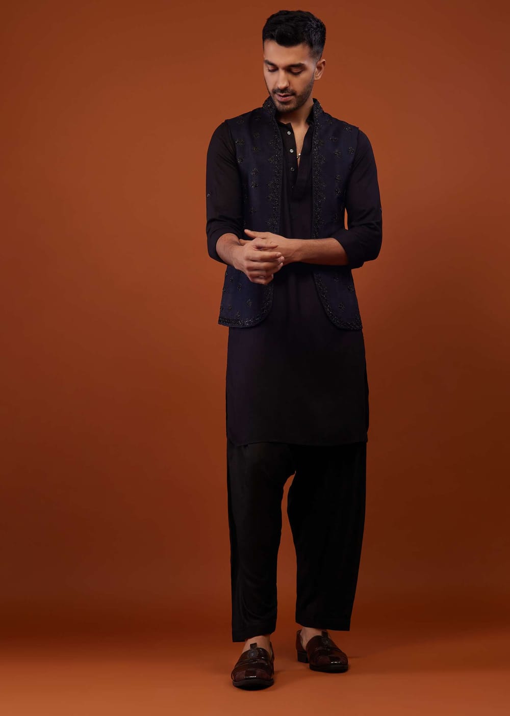 Buy Black With Navy Blue Embroidered Bandi Jacket Set In Cotton