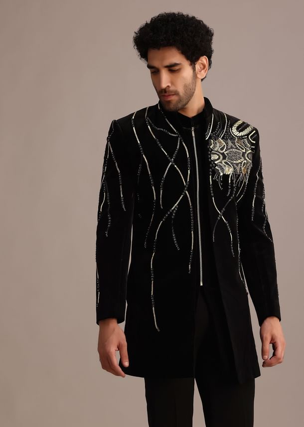 Black Zardozi Embroidered Indo Western Set in Velvet