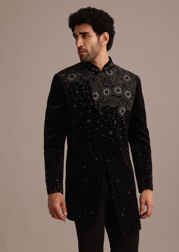 Black Zardozi Work Indo Western Set in Velvet