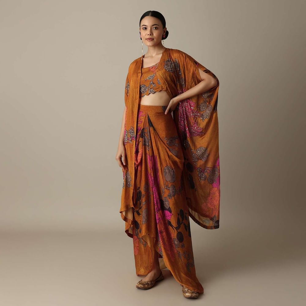 Blossom Orange Silk Print Dhoti Set