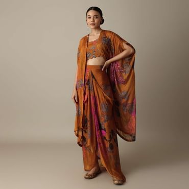Blossom Orange Silk Print Dhoti Set