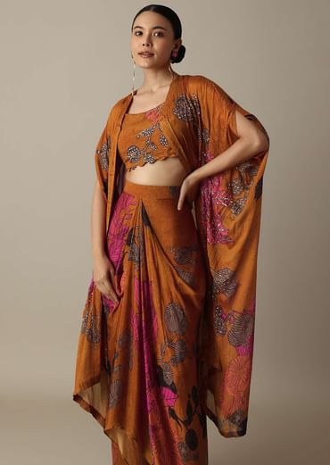 Blossom Orange Silk Print Dhoti Set