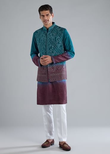 Blue And Purple Kurta Jacket Set With Zari And Mirror Work