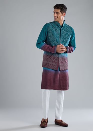 Blue And Purple Kurta Jacket Set With Zari And Mirror Work