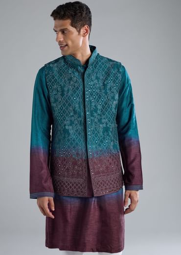 Blue And Purple Kurta Jacket Set With Zari And Mirror Work