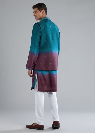 Blue And Purple Kurta Jacket Set With Zari And Mirror Work