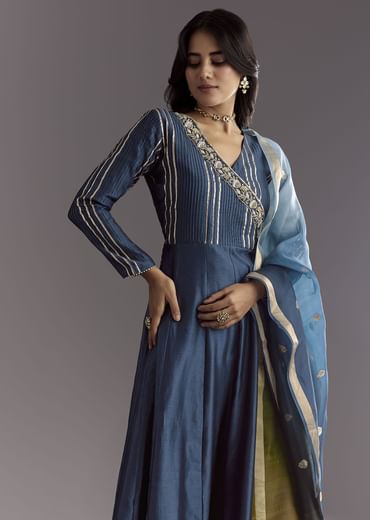 Blue Angrakha Style Anarkali Suit With Butti Work Ombre Dupatta