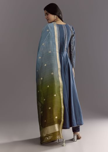 Blue Angrakha Style Anarkali Suit With Butti Work Ombre Dupatta