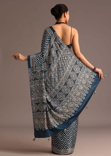 Blue Chevron And Ajrakh Printed Satin Saree