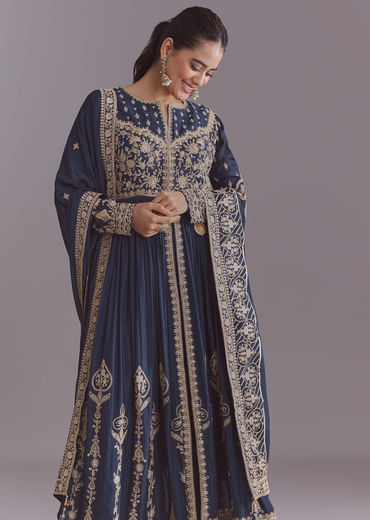 Blue Chinon Anarkali Suit With Embroidery And Front Slit