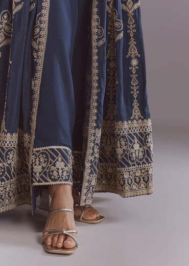 Blue Chinon Anarkali Suit With Embroidery And Front Slit