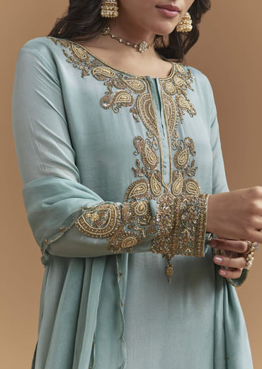Blue Chinon Palazzo Suit With Moti And Cutdana Embroidery