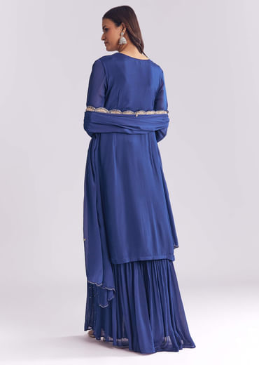 Blue Chinon Sharara Suit With Cutdana And Sequins Embroidery