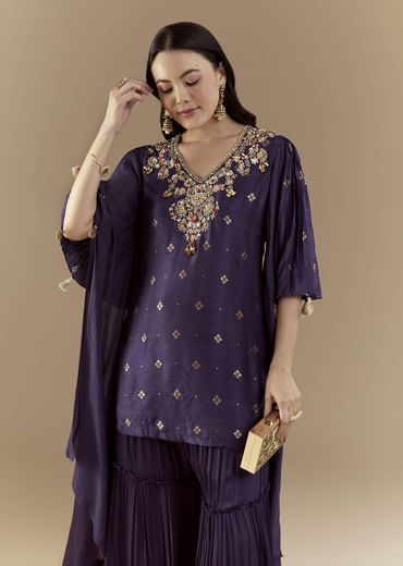 Blue Chinon Silk Sharara Set with Sequin Work