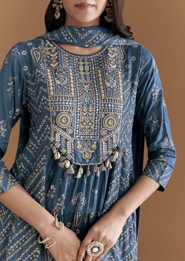 Blue Cotton Embroidered Anarkali Suit With Floral And Paisley Print