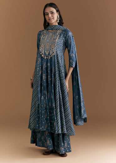 Blue Cotton Embroidered Anarkali Suit With Floral And Paisley Print