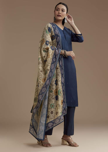 Blue Cotton Foil Mirror Kurta Set with Kalamkari Dupatta