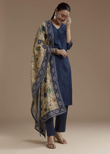 Blue Cotton Foil Mirror Kurta Set with Kalamkari Dupatta