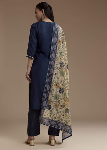 Blue Cotton Foil Mirror Kurta Set with Kalamkari Dupatta