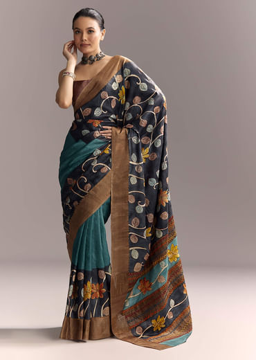 Blue Cotton Hand Painted Saree With Floral Motifs And Brown Border Blue Cotton Hand Painted Saree With Floral Motifs And Brown Border