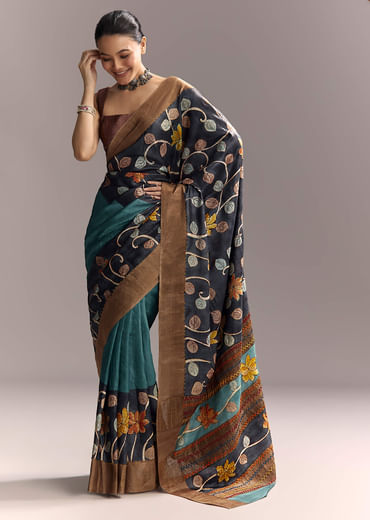 Blue Cotton Hand Painted Saree With Floral Motifs And Brown Border Blue Cotton Hand Painted Saree With Floral Motifs And Brown Border