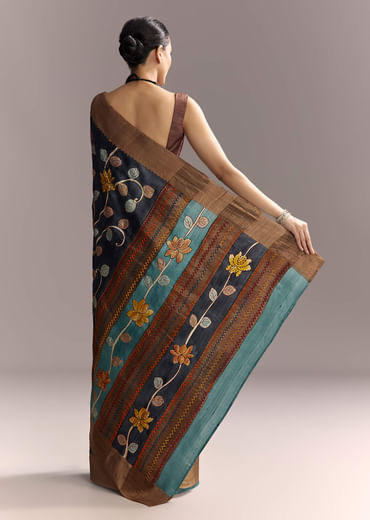 Blue Cotton Hand Painted Saree With Floral Motifs And Brown Border Blue Cotton Hand Painted Saree With Floral Motifs And Brown Border