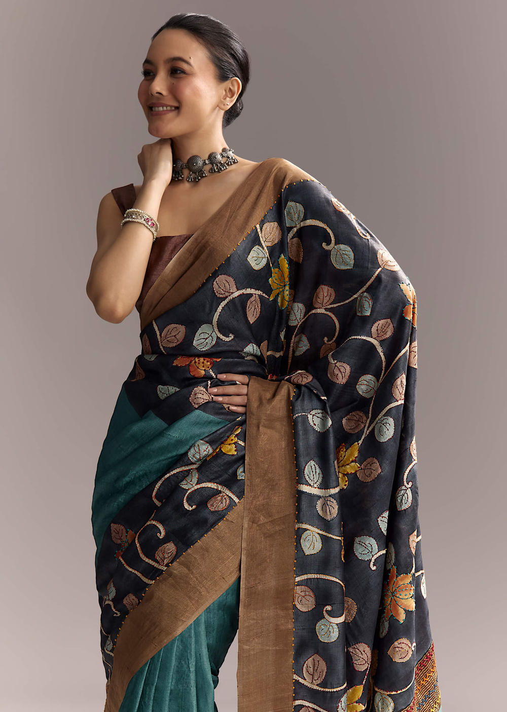 Blue Cotton Hand Painted Saree With Floral Motifs And Brown Border