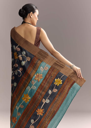 Blue Cotton Hand Painted Saree With Floral Motifs And Brown Border Blue Cotton Hand Painted Saree With Floral Motifs And Brown Border