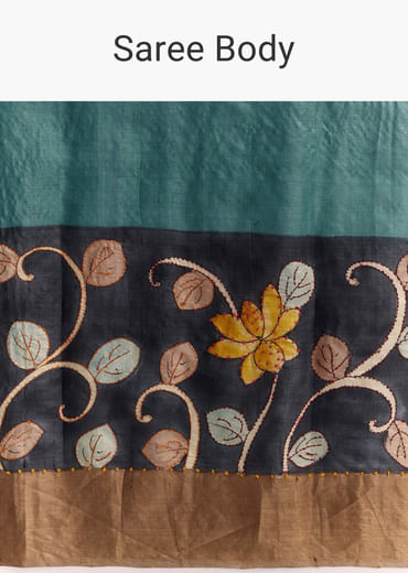 Blue Cotton Hand Painted Saree With Floral Motifs And Brown Border Blue Cotton Hand Painted Saree With Floral Motifs And Brown Border
